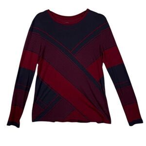 Tory Burch Pima Cotton Long‎ Sleeve Top Burgundy Red and Navy Blue Size Small